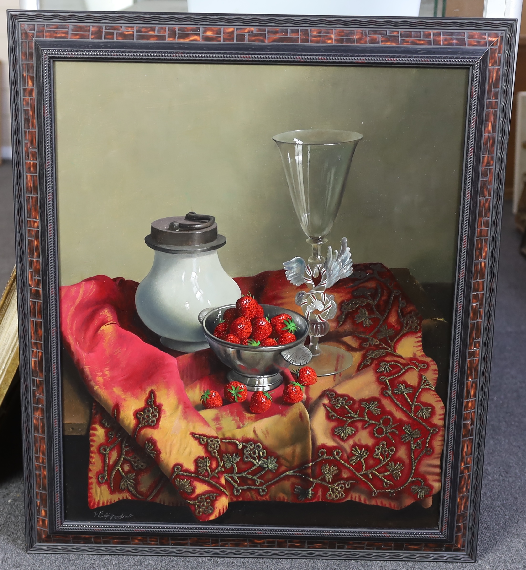 Willem Dolphyn (Belgian, 1935-2016), Still life of strawberries in a pewter bowl, a Venetian glass, a pewter mounted flagon and a bullion-work cloth, oil on panel, 59 x 49cm